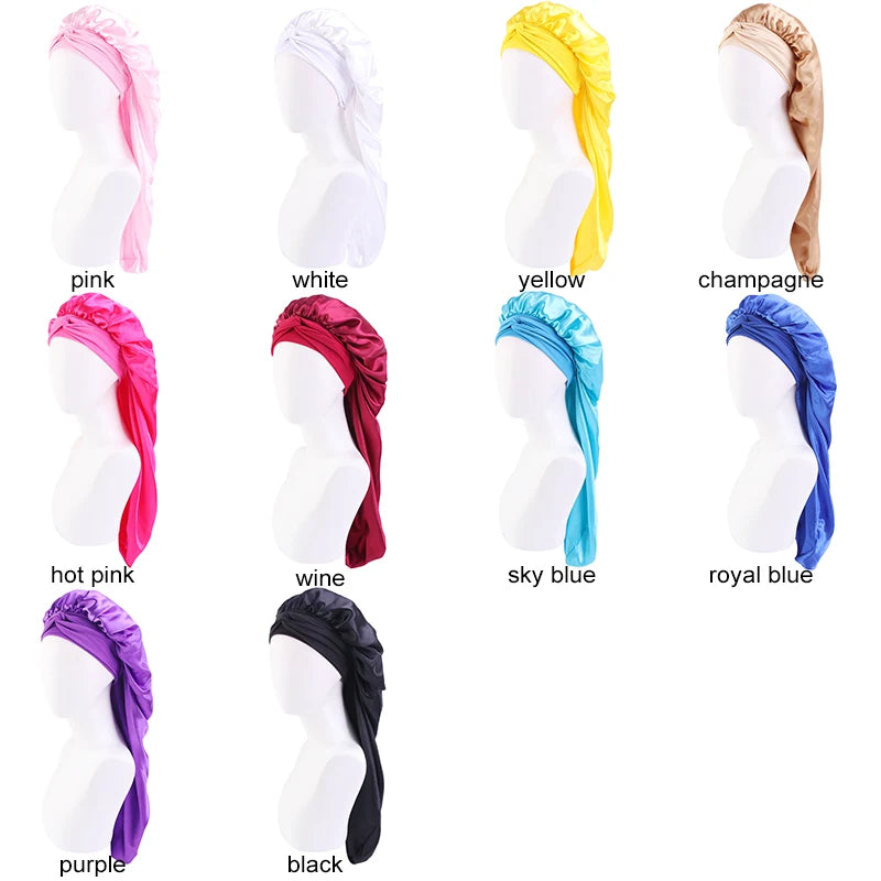 Women long Oversized Elastic Satin Bonnet Sleeping Cap With Ribbon Breathable Sleeping Cap Turban Sleep Headwear Bandanas
