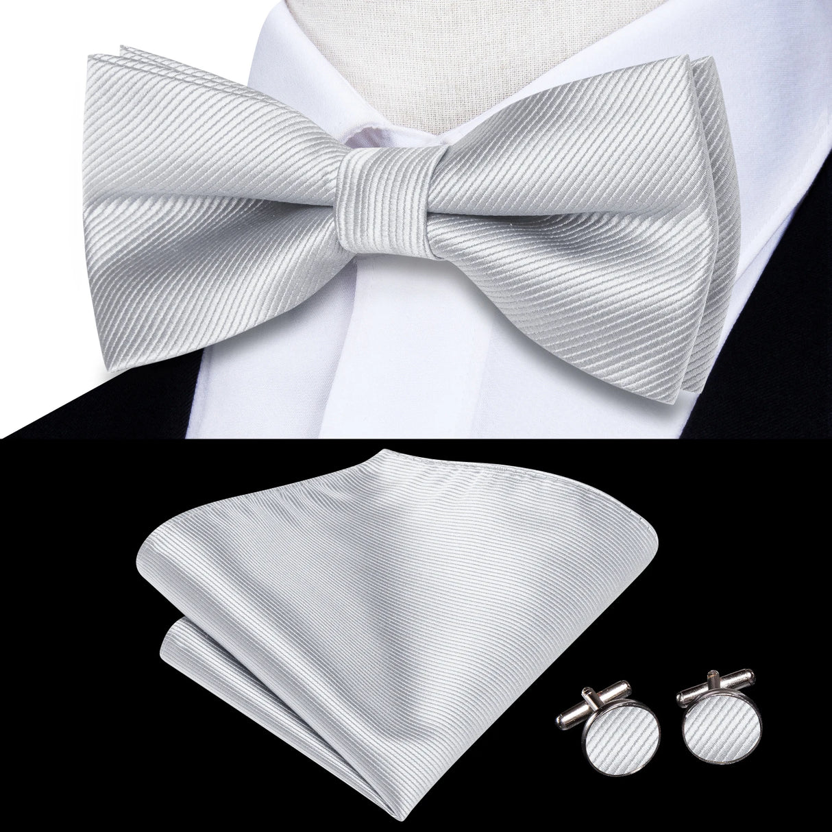 Hi-Tie Jacquard Silk Nœud papillon pour homme, ensemble de boutons de manchette et mouchoir, nœud papillon pré-noué, noir, blanc, gris, bleu, rouge, vert, rose, violet