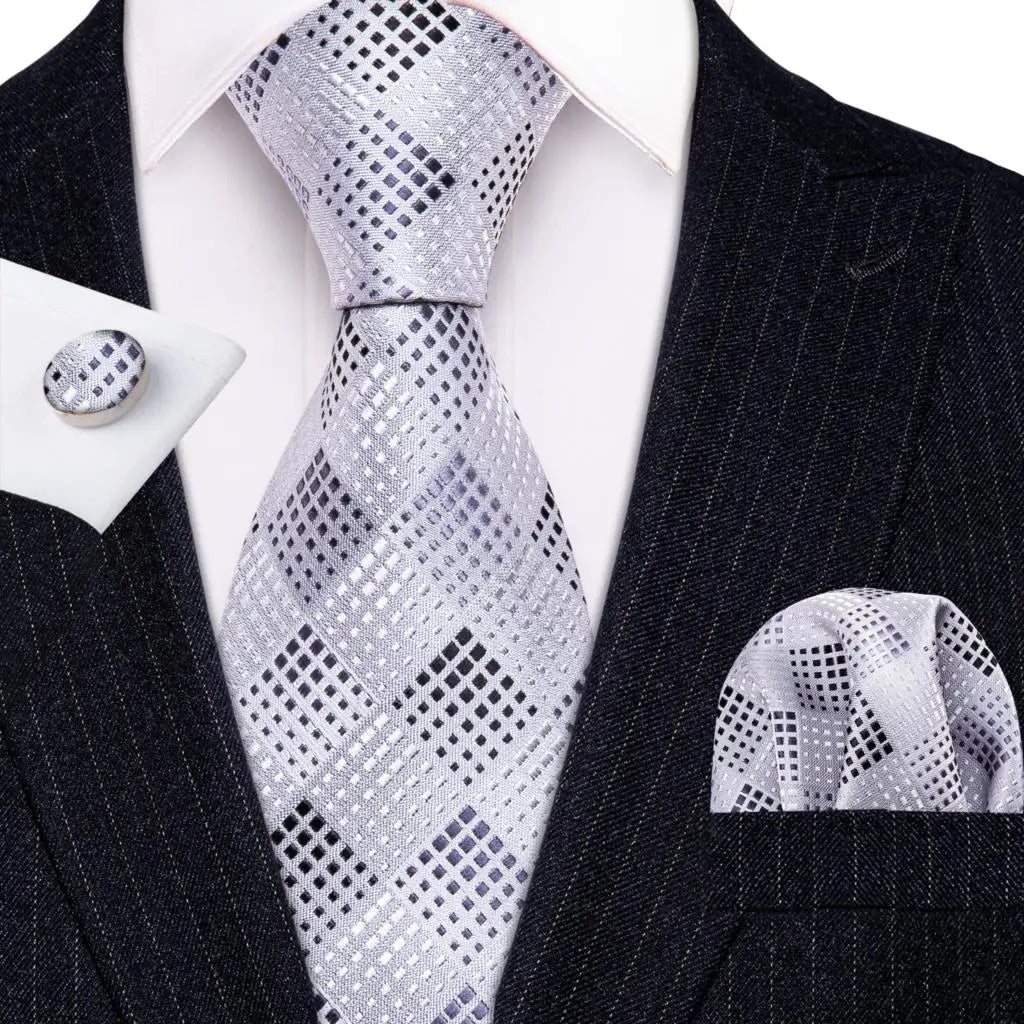Barry.Wang Ensemble cravate et mouchoir en soie à carreaux pour homme, motif jacquard, idéal pour un mariage, un marié ou une équipe