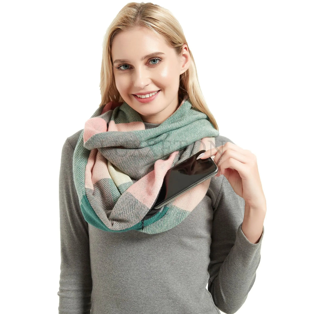 Écharpe à carreaux en cachemire pour femme, écharpe chaude d'hiver avec poche zippée dissimulée, écharpe de voyage chaude pour le cou pour femme