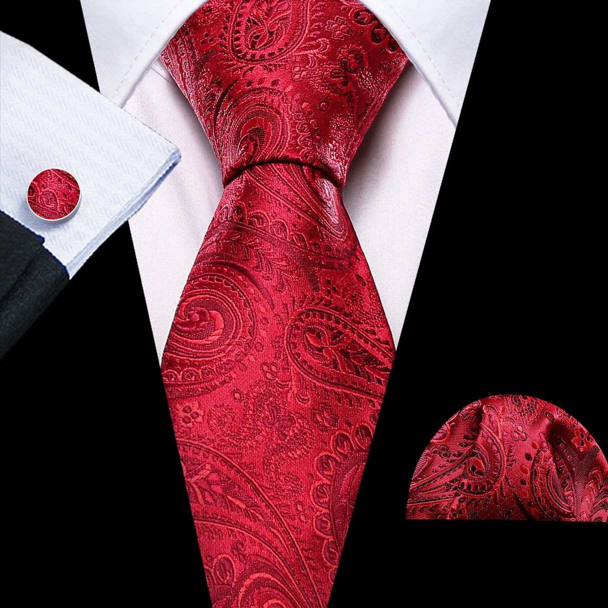 Barry.Wang Ensemble cravate et boutons de manchette en soie pour homme, motif jacquard, rouge, bordeaux, rose, pour mariage, affaires, fête