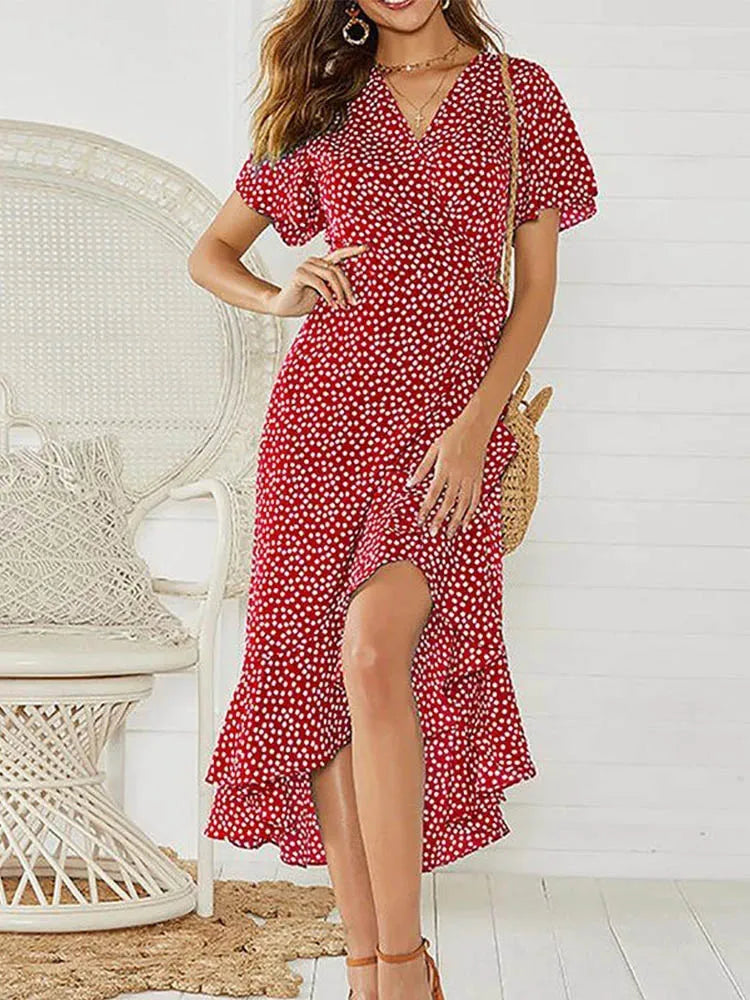 Robe longue d'été pour femme, imprimé floral, style bohème, en mousseline de soie, à volants, décontractée, col en V, fendue, sexy, tenue de soirée
