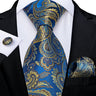 Elegant Blue Floral Paisley Men's 8cm Silk Tie Set with Pocket Square Cufflinks Business Suits Accessories Groom Wedding Cravat