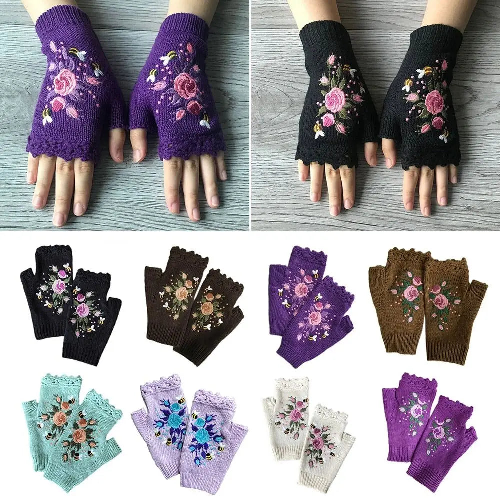 Gants tricotés sans doigts avec broderie florale et abeille, confortables, maintien au chaud, trous pour les pouces, mitaines à fleurs, mitaines à longueur de poignet, hiver
