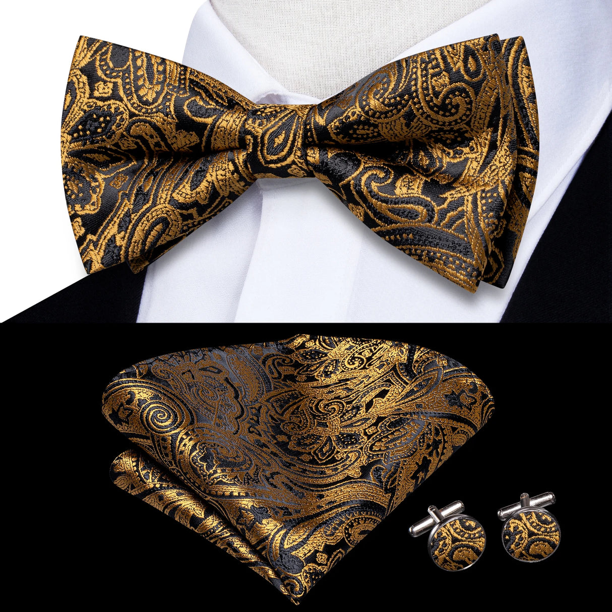 Hi-Tie Jacquard Silk Nœud papillon pour homme, ensemble de boutons de manchette et mouchoir, nœud papillon pré-noué, noir, blanc, gris, bleu, rouge, vert, rose, violet