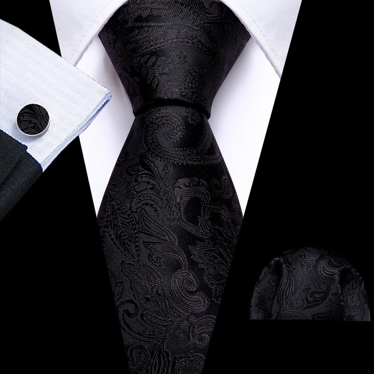 Cravates en soie noire pour hommes, classiques, solides, tissées de haute qualité, avec pochette et boutons de manchette, pour soirées formelles, design Barry.Wang