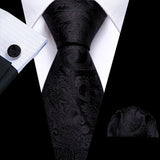 Cravates en soie noire pour hommes, classiques, solides, tissées de haute qualité, avec pochette et boutons de manchette, pour soirées formelles, design Barry.Wang