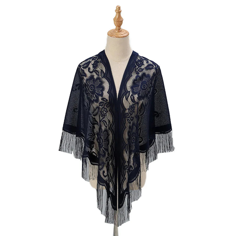 Foulard triangulaire en dentelle pour femme, transparent, ajouré, respirant, longue frange, hijab musulman, couleur unie, robe de soirée, châle
