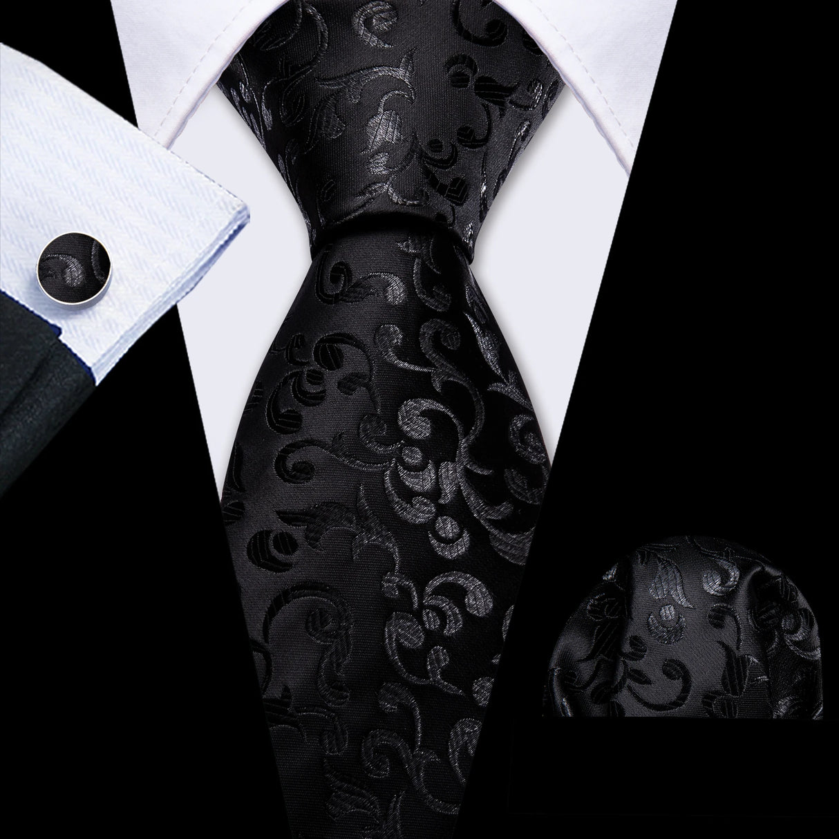 Cravates en soie noire pour hommes, classiques, solides, tissées de haute qualité, avec pochette et boutons de manchette, pour soirées formelles, design Barry.Wang