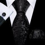 Cravates en soie noire pour hommes, classiques, solides, tissées de haute qualité, avec pochette et boutons de manchette, pour soirées formelles, design Barry.Wang