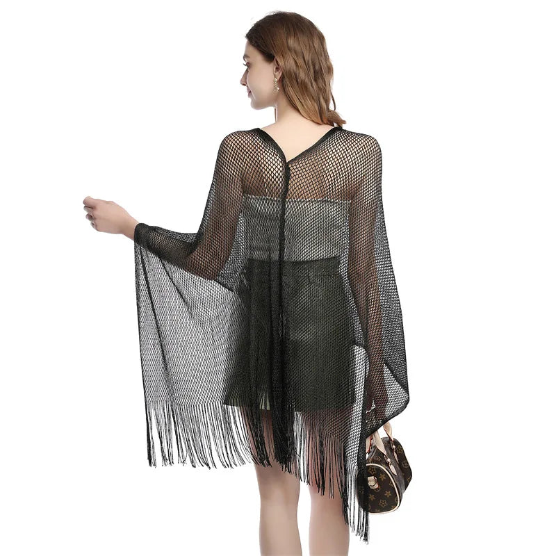 Women Sun Protection Shawl Lady Hollow Out Summer Poncho Holiday Bikini Blouse Breathable Beach Cape Tassel Solid Color Cloak