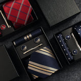 Classic 100% Silk Men's Ties In Gift box 8cm Plaid Dot Striped Business Necktie Handkerchief Cufflinks Wedding Party Tie Set