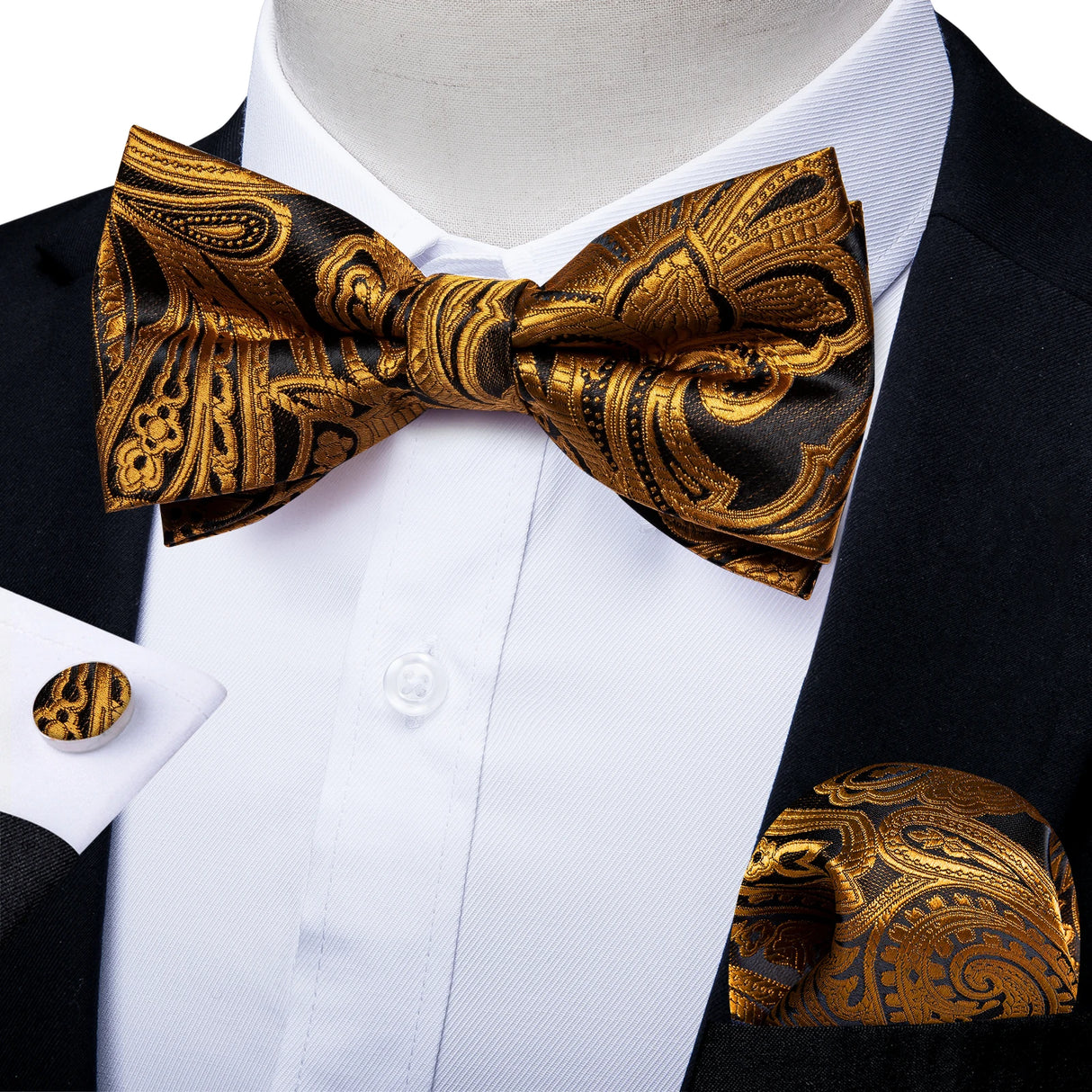 Classic Black Men Bow Ties 100% Silk Bowties Butterfly Pocket Square Cufflinks Set Suit Paisley Gold Pre-Tied Bow Tie DiBanGu