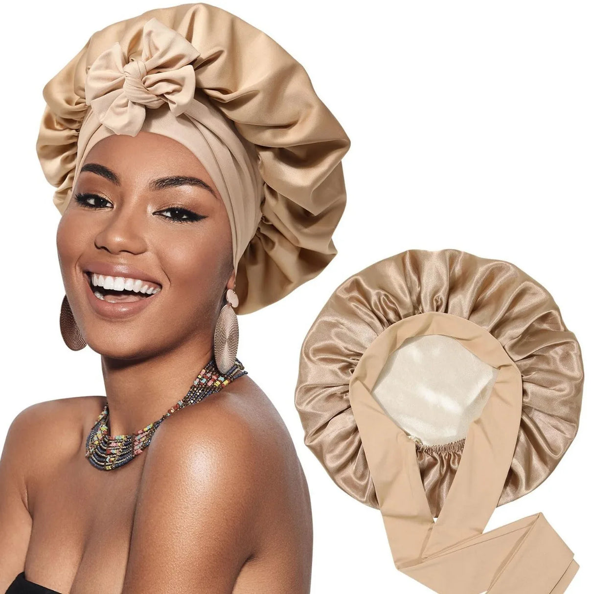 New Satin Double Layer Bonnet Solid Wide Tie Band Stretch Head Silky Bonnet Edge Wrap Nightcap Hair Care Shower Bonnet for Women