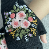 Gants tricotés à la main pour femmes, chauds, automne-hiver, brodés à fleurs, demi-doigts, sans doigts, pour filles
