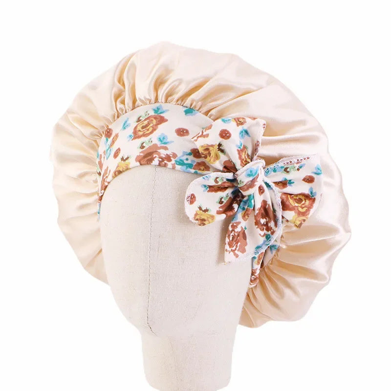 Bonnet de nuit pour enfants et filles, imprimé floral, bonnet de nuit en satin, turban, bonnet de nuit pour enfants, bonnet de soins capillaires, bonnet de nuit