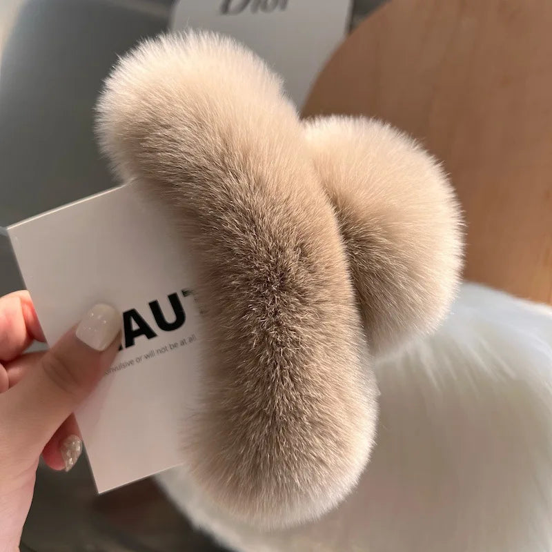 Vintage Women Large Real Otter Rabbit Plush Hair Clip Korea Autumn and Winter Elegant Shark Claw Girl Sweet Hair Accessories