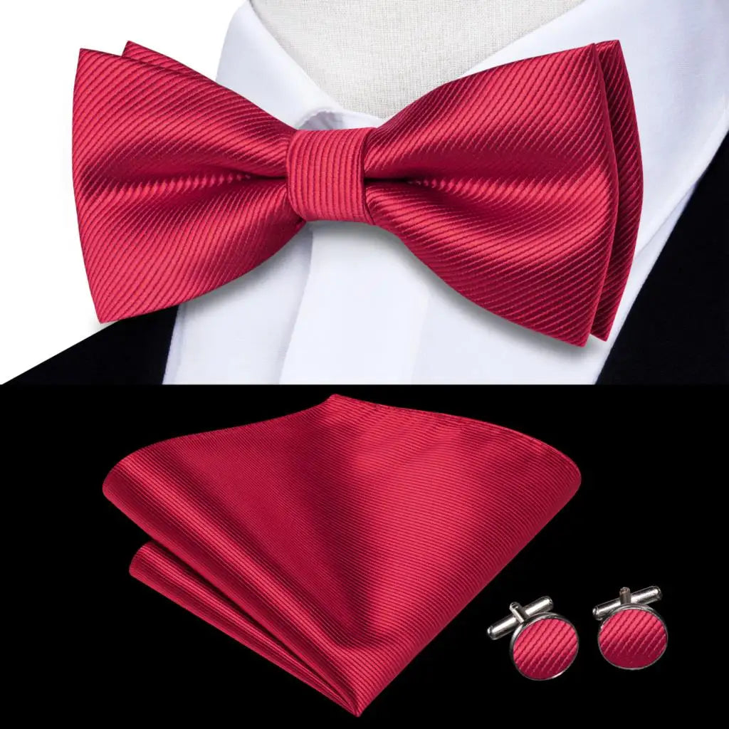Hi-Tie Nœud papillon rayé noir et rouge pour homme, mouchoir, boutons de manchette, en soie pré-nouée, pour soirée d'affaires masculine, vente en gros