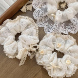 French Lace Pearl Rose Flower Elastics Hair Band For Women Cream White Scrunchies Hair Ties Ponytail Holder Hair Accessories