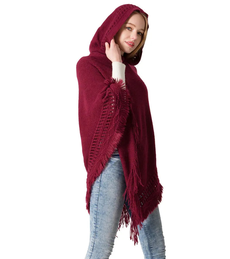 Cape à capuche tricotée pour femme, nouvelle collection automne et hiver, châle, couleur unie, tricot une pièce, grand châle