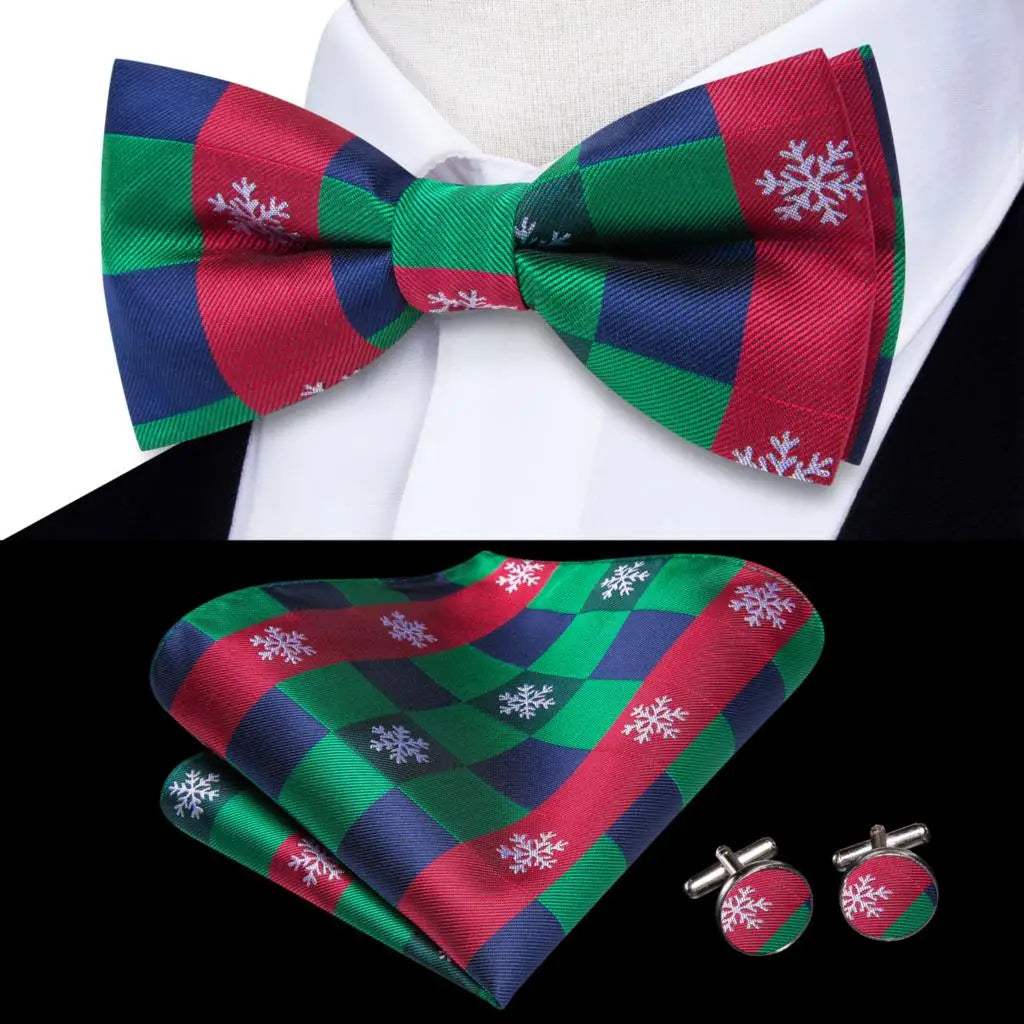 Hi-Tie Nœuds papillon verts de Noël pour hommes Cravate papillon en soie Ensemble de boutons de manchette et mouchoirs pour fête de mariage Nœud papillon uni à carreaux cachemire