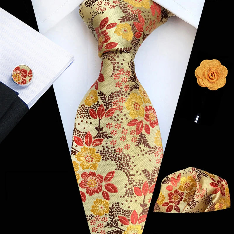 Ensemble de cravates en soie rose floral pour hommes, ensemble de cravates de fête de mariage, mouchoir, broche, boutons de manchette, accessoires pour hommes de haute qualité Gravata