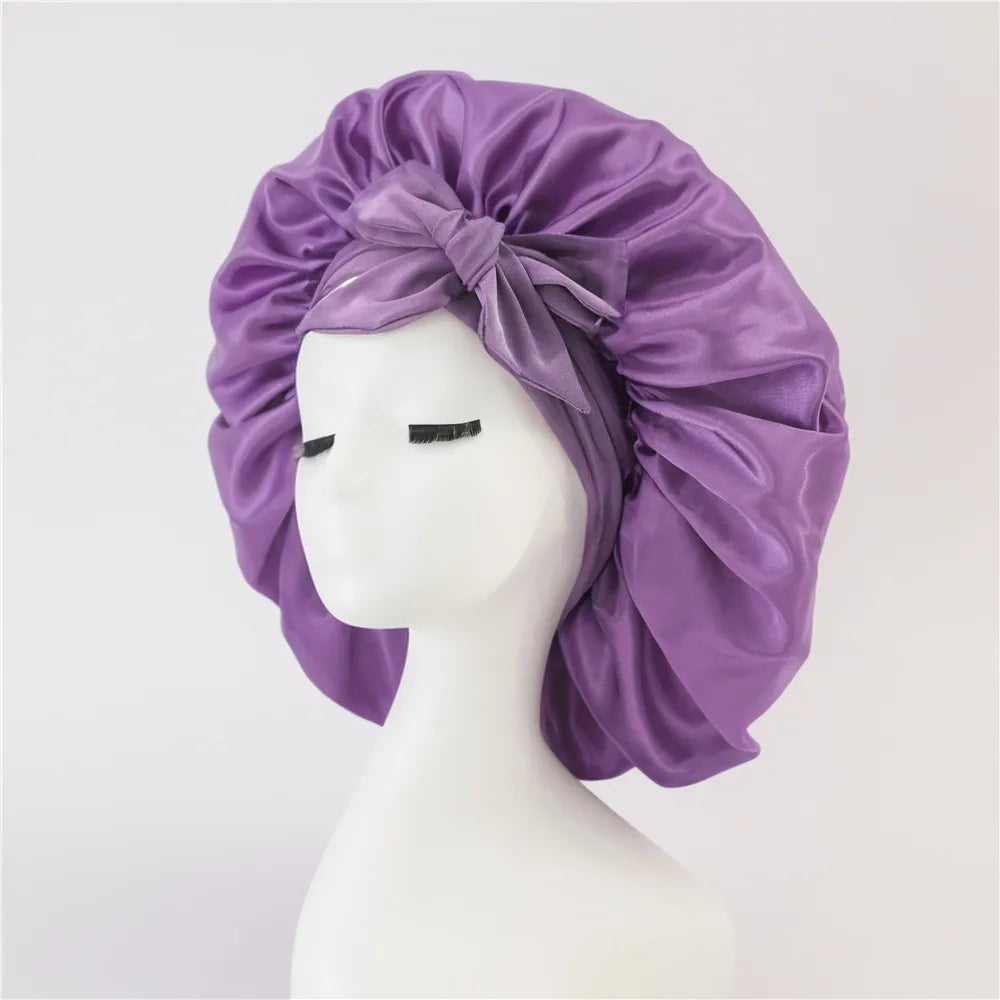 Bonnet de nuit en satin pour femme, large bande solide, extensible, avec nœud, bonnet soyeux, bonnet de nuit, soins capillaires, couvre-tête de douche