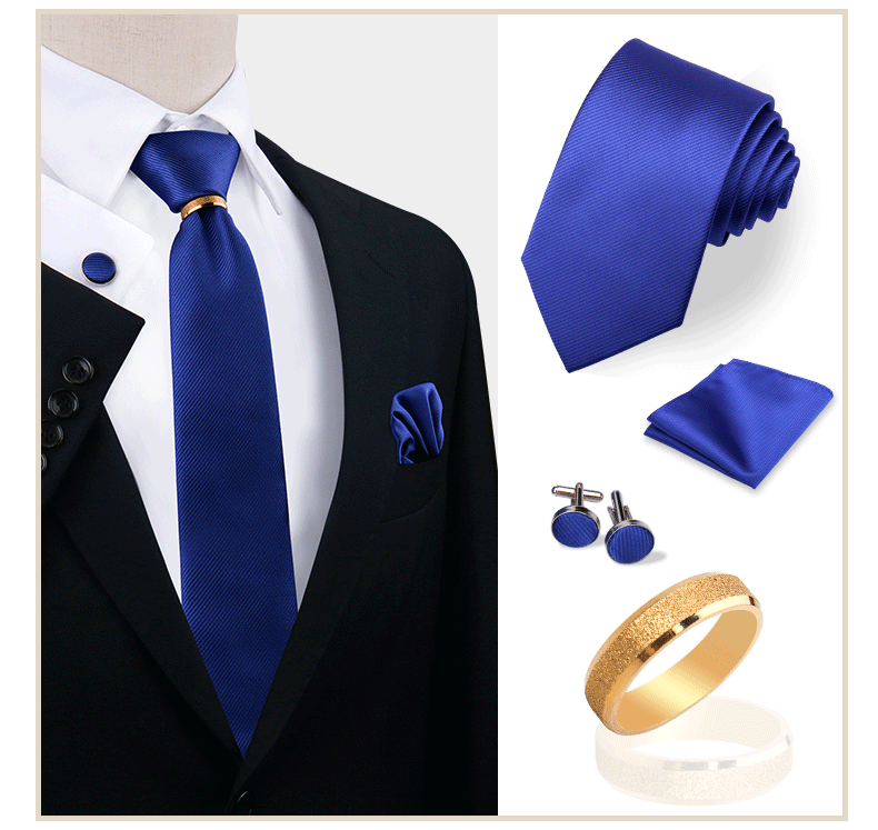 Ensemble de cravates en soie de luxe pour hommes, cravate, mouchoir, boutons de manchette avec anneau en métal doré, broche, costume, fête de mariage, accessoires pour hommes