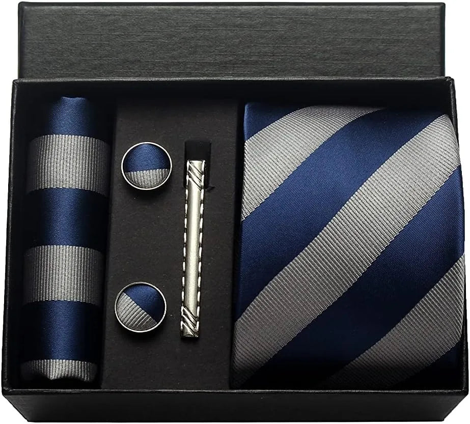 Classic 100% Silk Men's Ties In Gift box 8cm Plaid Dot Striped Business Necktie Handkerchief Cufflinks Wedding Party Tie Set