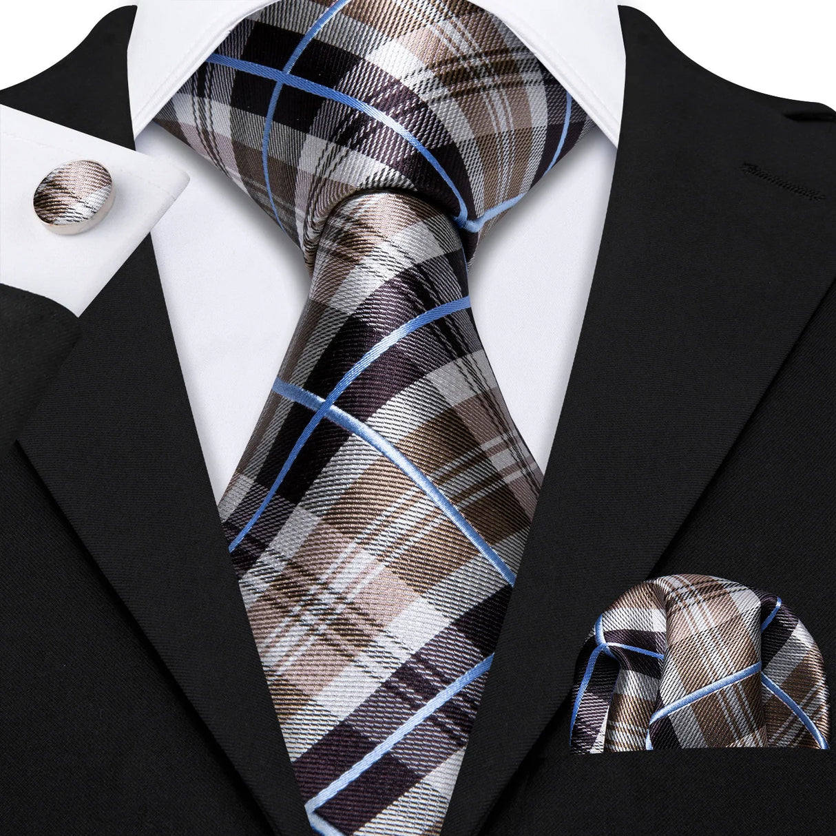 Barry.Wang Ensemble cravate et mouchoir en soie à carreaux pour homme, motif jacquard, idéal pour un mariage, un marié ou une équipe