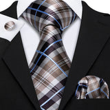 Barry.Wang Ensemble cravate et mouchoir en soie à carreaux pour homme, motif jacquard, idéal pour un mariage, un marié ou une équipe