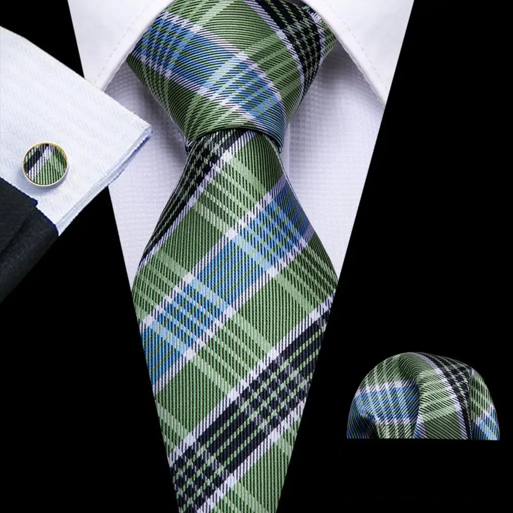 Barry.Wang Ensemble cravate et mouchoir en soie à carreaux pour homme, motif jacquard, idéal pour un mariage, un marié ou une équipe
