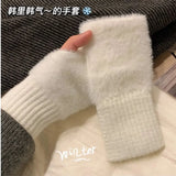 Mink Fleece Winter Half Finger Gloves Women Warm Luxury Solid White Plush Knitted Fingerless Gloves Writting Soft Wrist Mittens