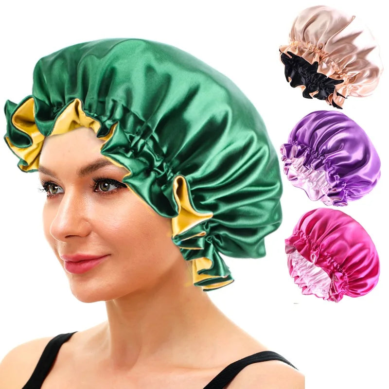 Gorro de satén reversible para mujer, gorro de dormir de doble capa ajustable, gorro de dormir redondo extragrande, gorro de ducha