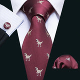 Barry.Wang Nouveauté Soie Hommes Cravate Mouchoir Boutons de Manchette Ensemble Jacquard Animal Dinosaure Chauve-Souris Gravat Cravate Pour Homme Mariage Affaires