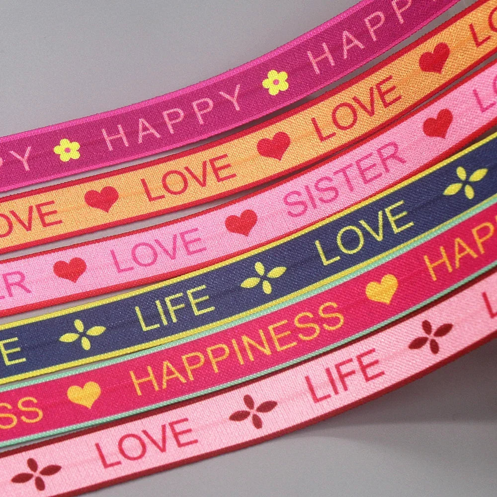 DHK 5/8'' 5yards Love Sister Life Happy Printed Fold Elastic FOE Stretch Ribbon Decorations Craft DIY Sewing C2594