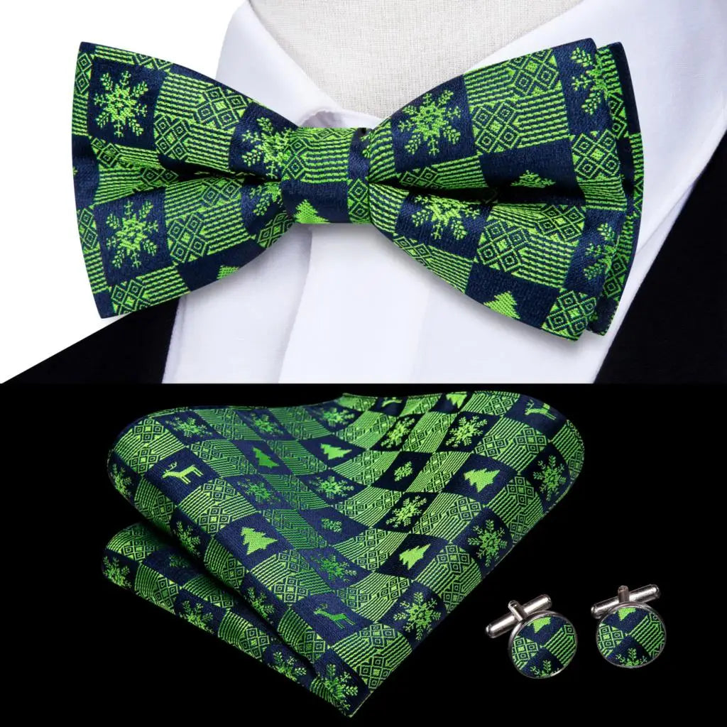 Hi-Tie Nœuds papillon verts de Noël pour hommes Cravate papillon en soie Ensemble de boutons de manchette et mouchoirs pour fête de mariage Nœud papillon uni à carreaux cachemire