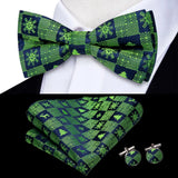 Hi-Tie Nœuds papillon verts de Noël pour hommes Cravate papillon en soie Ensemble de boutons de manchette et mouchoirs pour fête de mariage Nœud papillon uni à carreaux cachemire