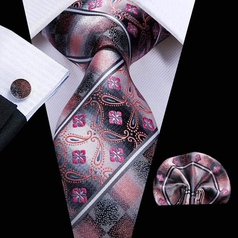 Hi-Tie 100% soie classique pour homme, cravate de mariage corail rose rouge pêche, pochette carrée, boutons de manchette, ensemble de cravates roses pour hommes, cravates cachemire unies