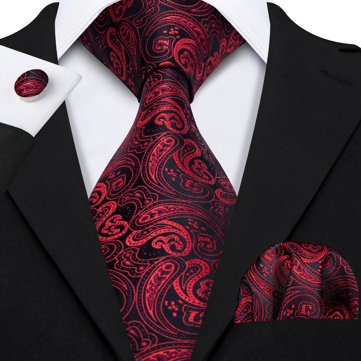 Barry.Wang Ensemble cravate et boutons de manchette en soie pour homme, motif jacquard, rouge, bordeaux, rose, pour mariage, affaires, fête