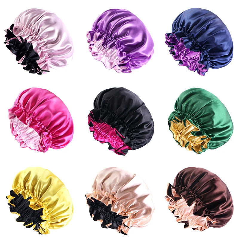 Gorro de satén reversible para mujer, gorro de dormir de doble capa ajustable, gorro de dormir redondo extragrande, gorro de ducha
