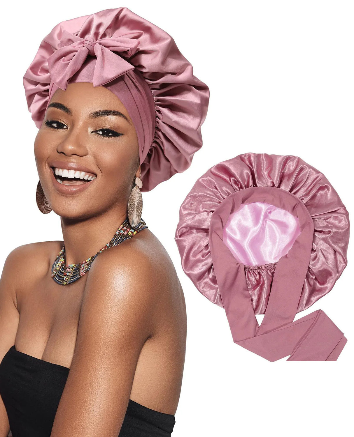 New Satin Double Layer Bonnet Solid Wide Tie Band Stretch Head Silky Bonnet Edge Wrap Nightcap Hair Care Shower Bonnet for Women