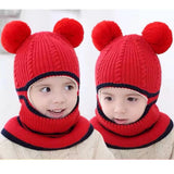 2-4year kid's knitted hat winter warm woolen hat  mask scarf one-piece