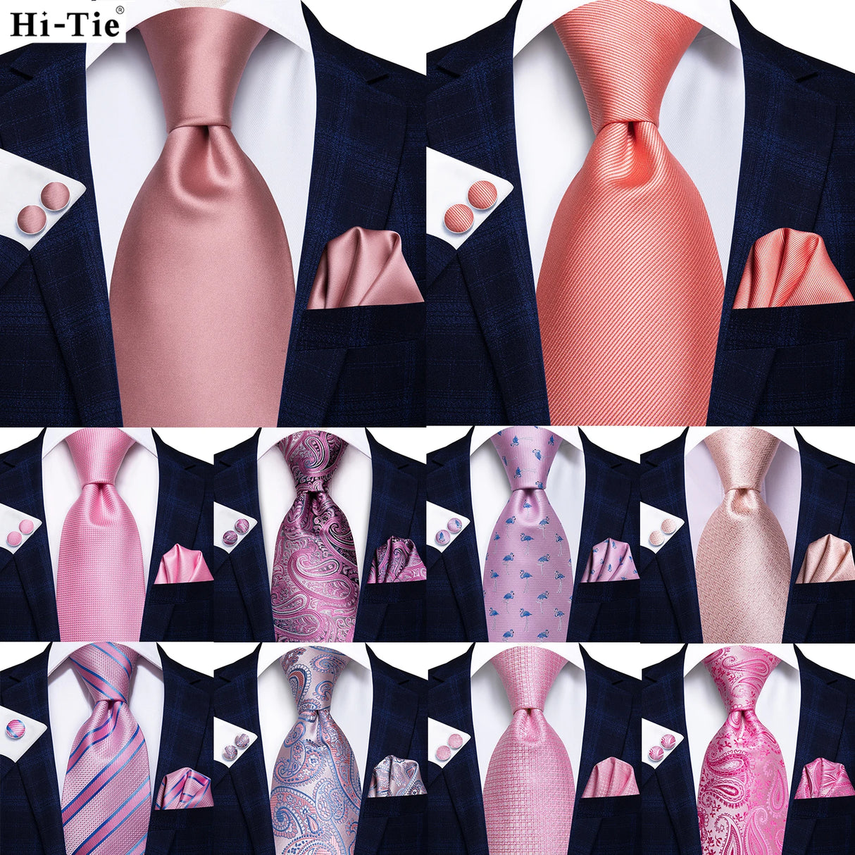 Hi-Tie Cravate de mariage en soie pour homme, motif cachemire, couleur unie, rose, corail, design tendance, qualité, mouchoir, bouton de manchette, fête d'affaires
