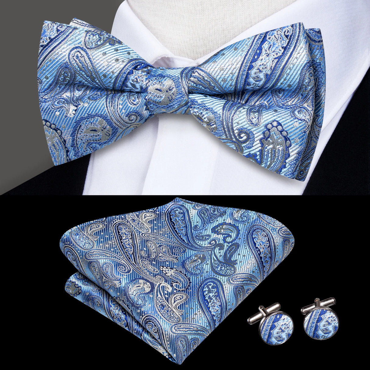 Hi-Tie Marque Soie Pré-noué Homme Nœud Papillon Mouchoir Boutons de Manchette Ensemble Nœud Papillon pour Homme Jacquard Solide Cachemire Floral Mariage Cadeau d'Affaires