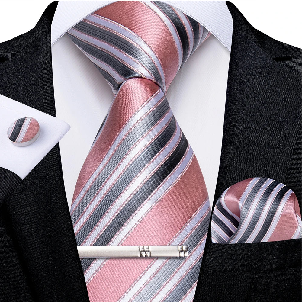 Ensemble cravate homme en soie à rayures roses, motif floral, motif cachemire uni, 8 cm, mouchoir, boutons de manchette, accessoires de mariage, de bal, cravate