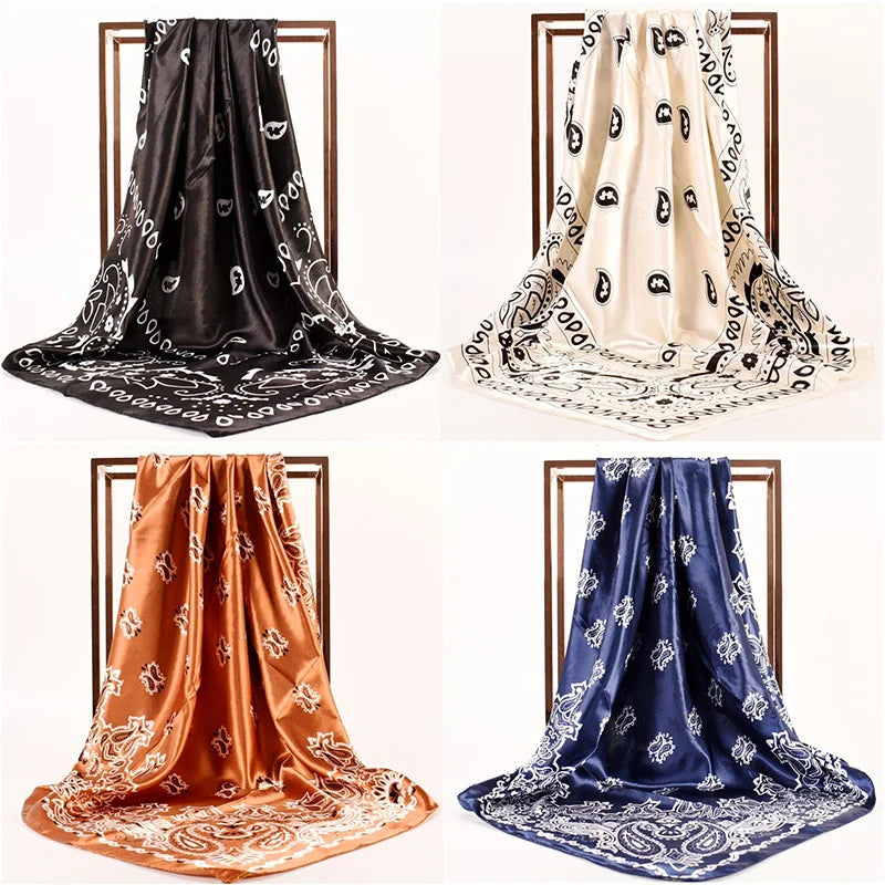 Foulard carré en soie à imprimé cachemire, 90 x 90 cm, bandana, satin, fleurs de cajou