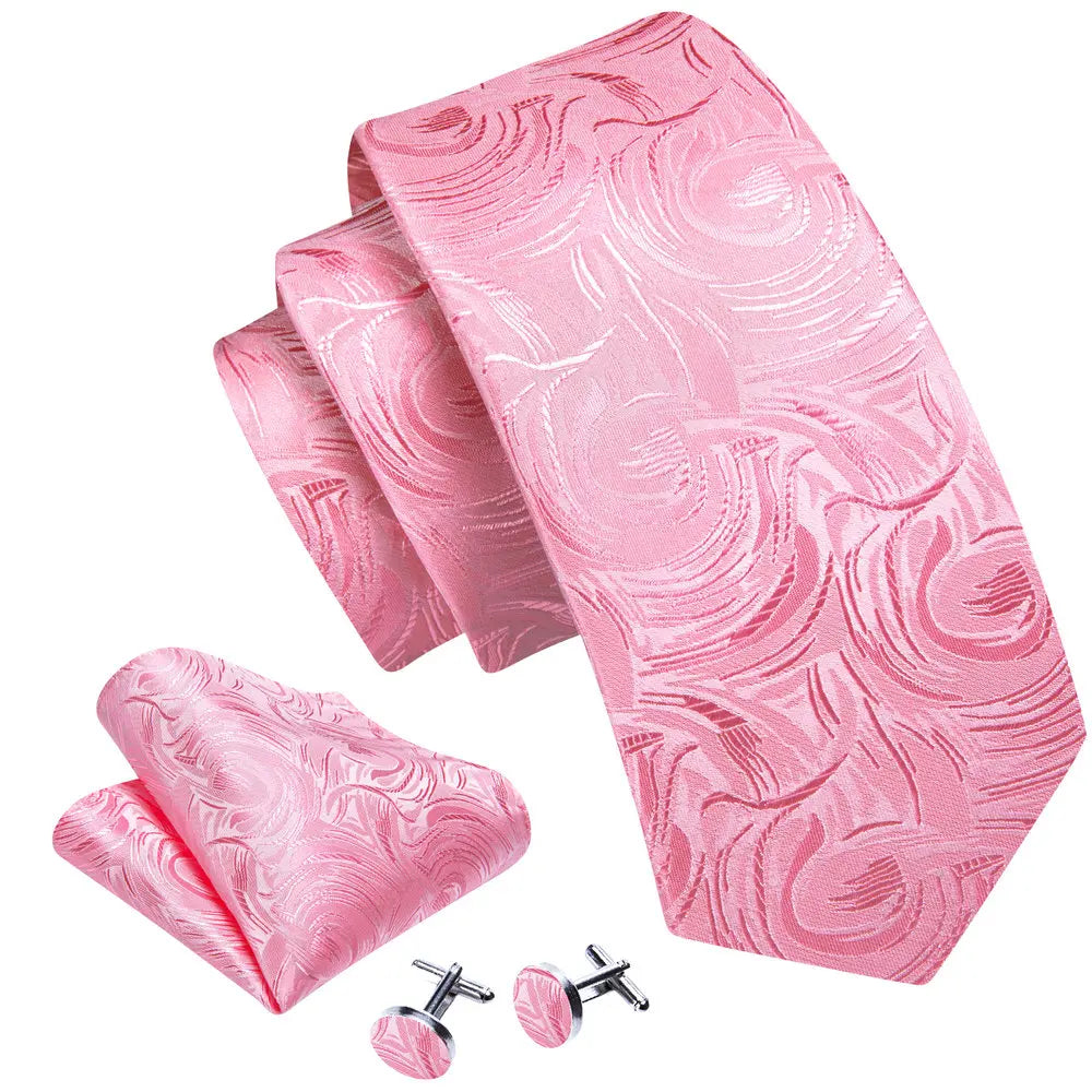 Elegant Pink Ties For Men Luxury Silk Stripe Pocket Square Cufflinks Set Fashion Male Necktie Groom Wedding Gift Barry.Wang 5090