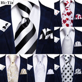 Cravate Hi-Tie blanche et noire à rayures pour homme, couleur unie, en soie, pour mariage, mouchoir, boutons de manchette, créateur de mode, livraison directe