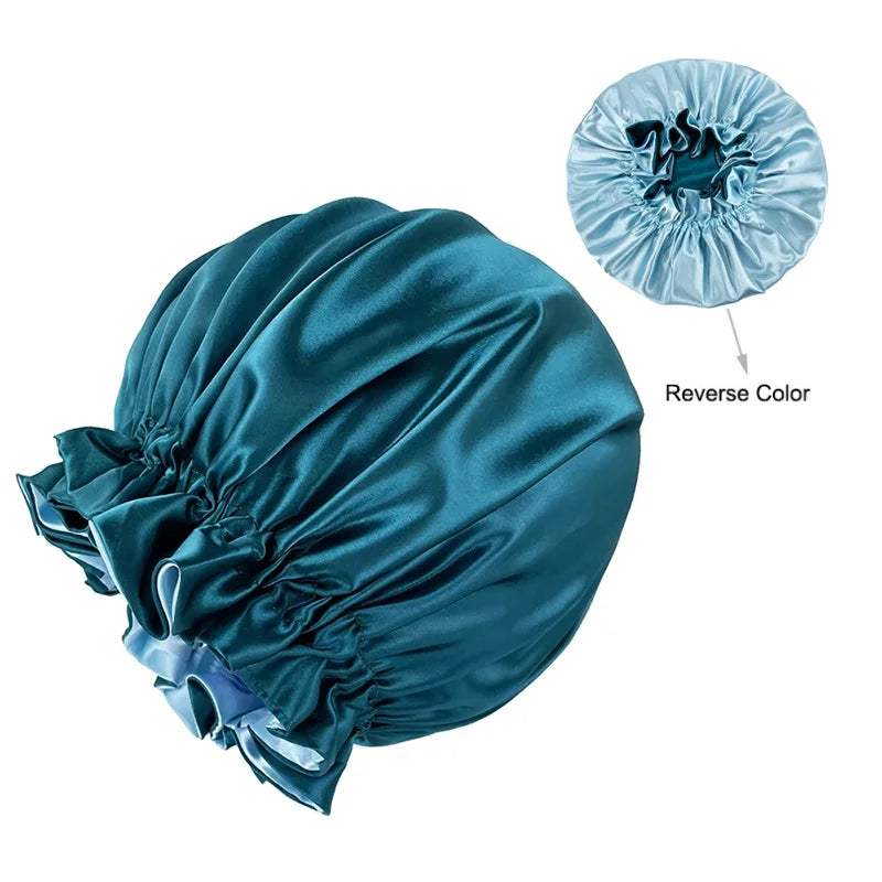 Bonnet de nuit double épaisseur en satin soyeux pour femme, grand bonnet réversible doublé de satin, couvre-chef pour la nuit, accessoires pour cheveux